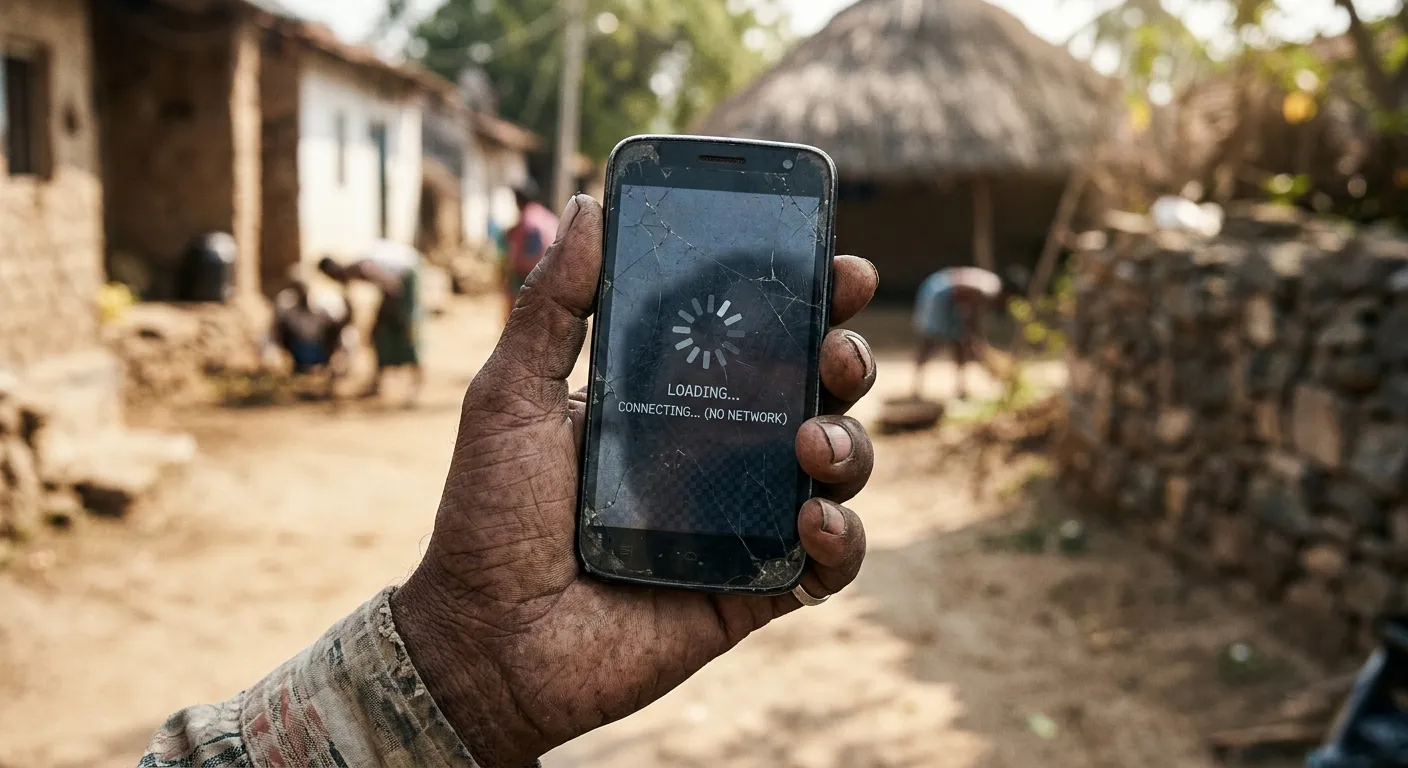 A weathered hand holding a smartphone with a loading screen in a rural setting