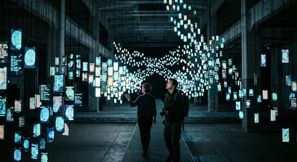 Thousands of glowing mobile screens displaying abstract biometric data in a dark room
