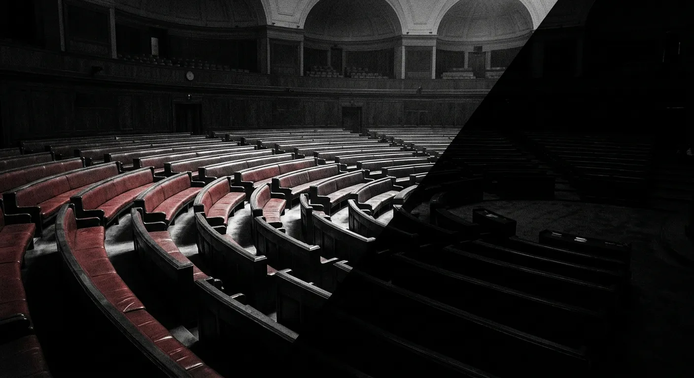 Abstract view of parliament seating divided by stark lighting