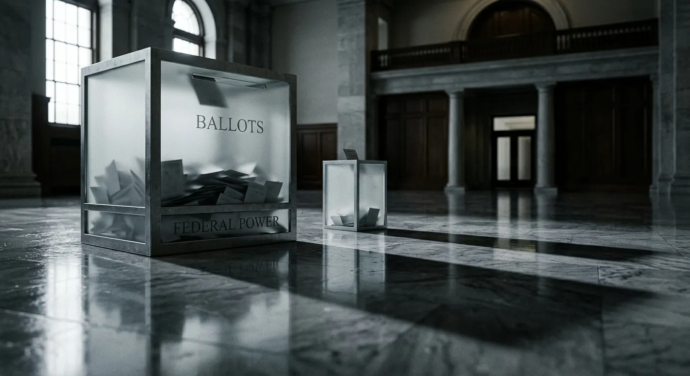 Two unequal frosted glass ballot boxes casting long shadows on a marble floor