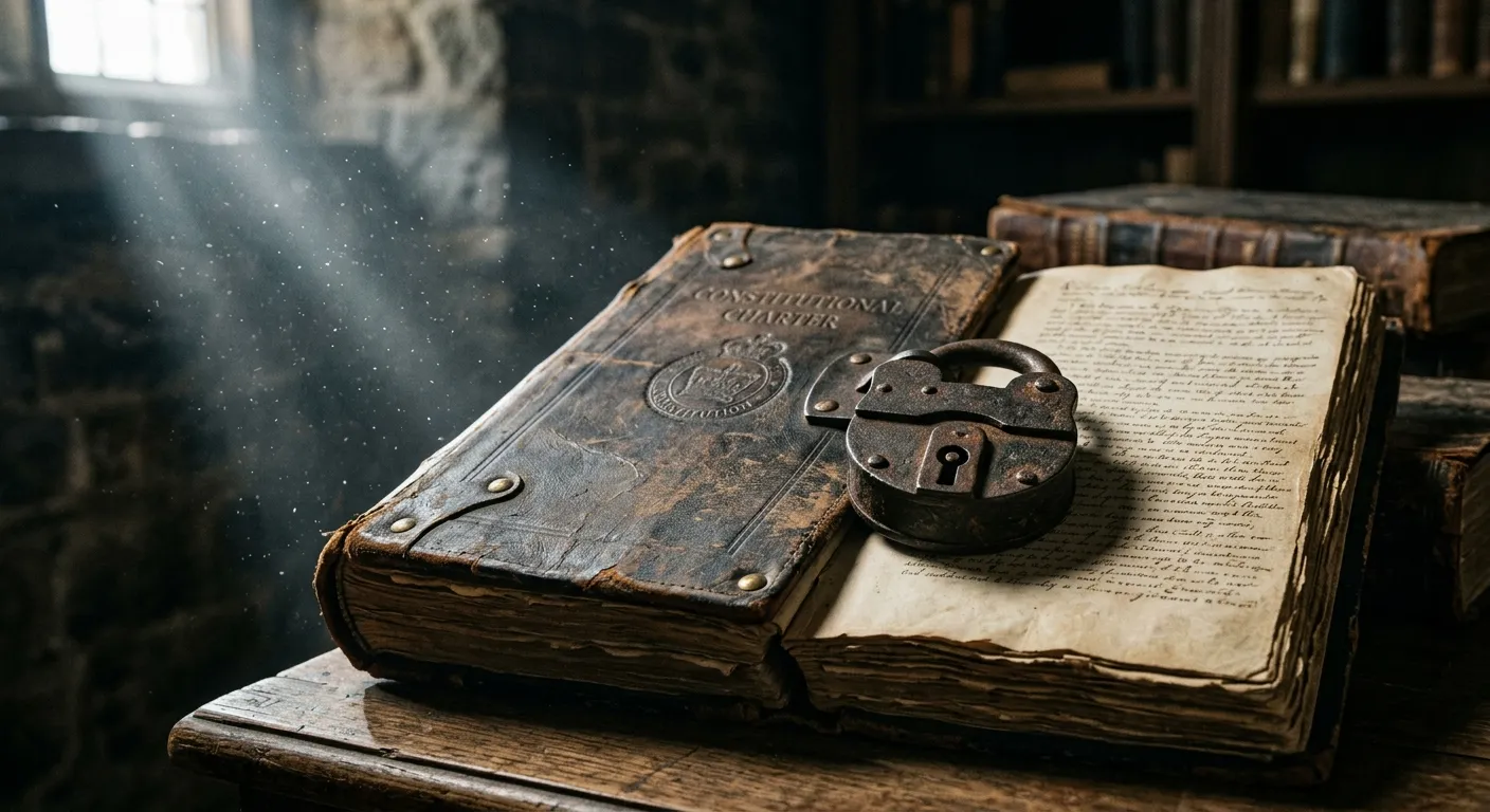 A padlock resting on a constitutional document symbolizing the delimitation freeze.