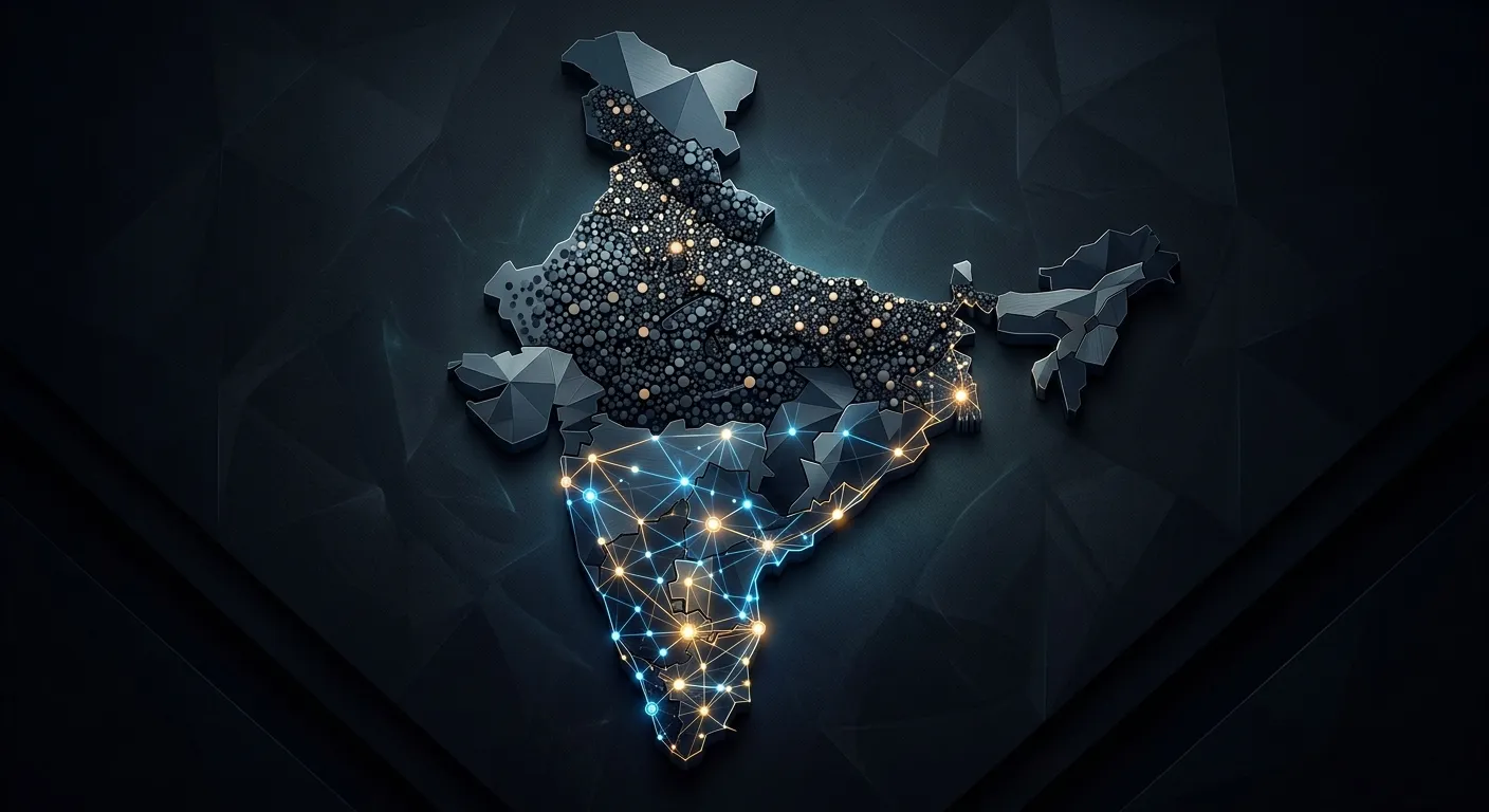Abstract map of India showing demographic density in the North and economic networks in the South.