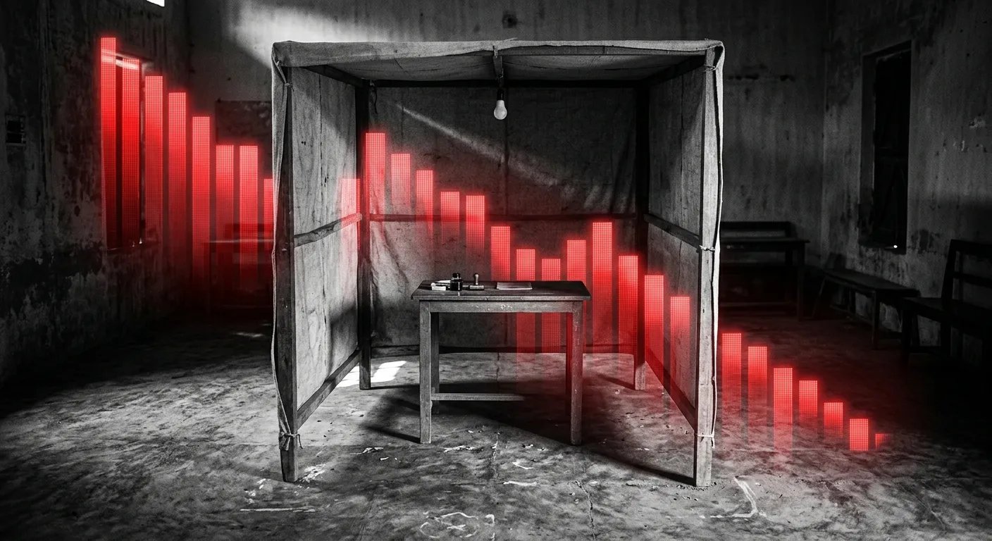 Empty voting booth with declining digital bar charts overlay