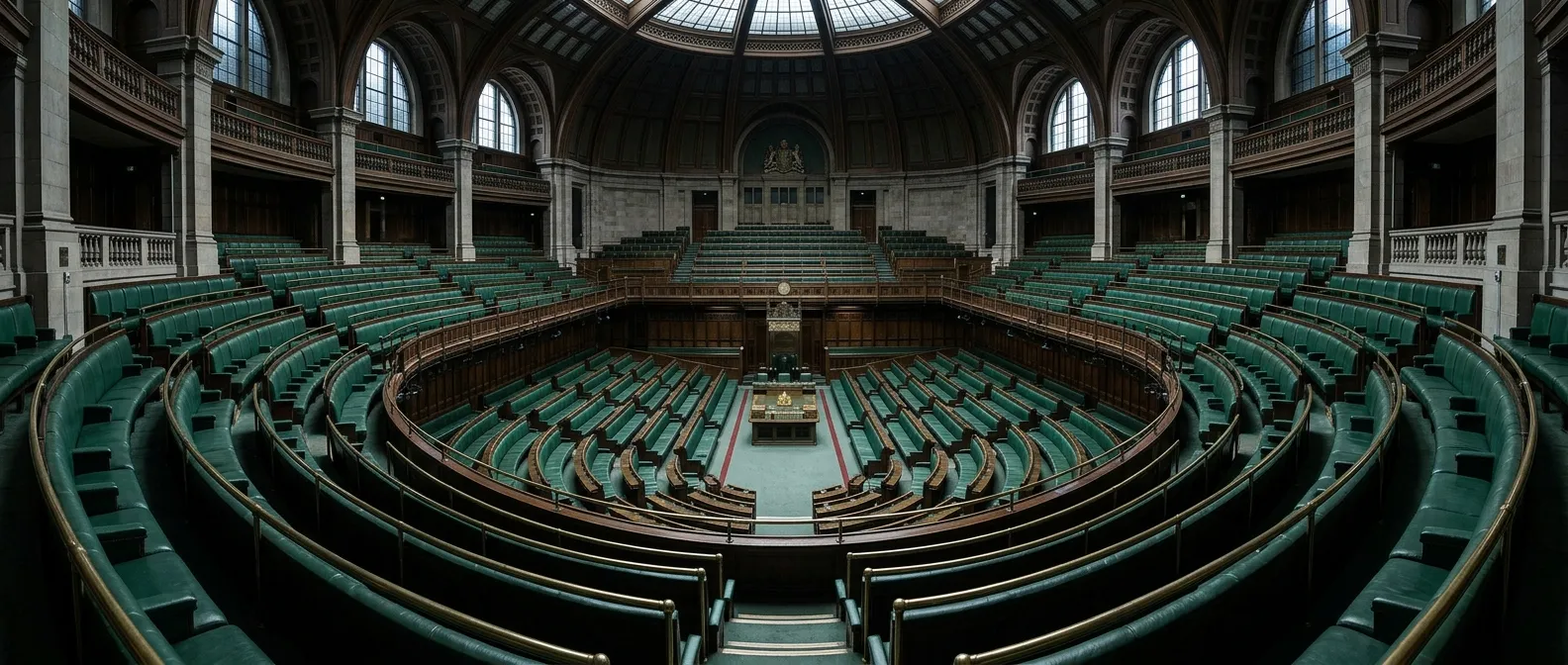 An expansive, empty parliamentary chamber highlighting the scale of a bloated legislature.
