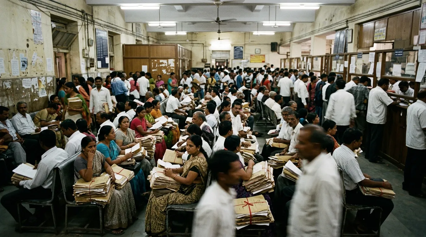 Crowded government waiting room with citizens holding stacks of documents