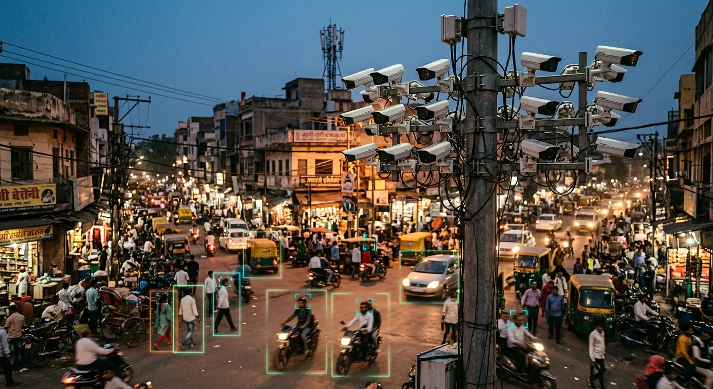 CCTV cameras with digital facial recognition overlays monitoring a busy Indian street