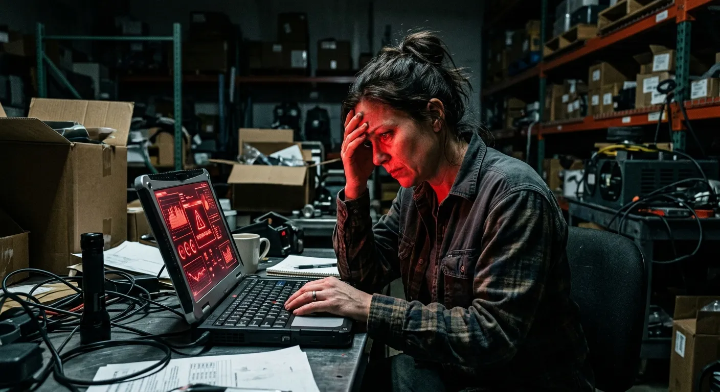 Stressed small business owner looking at a glowing red laptop screen in a warehouse