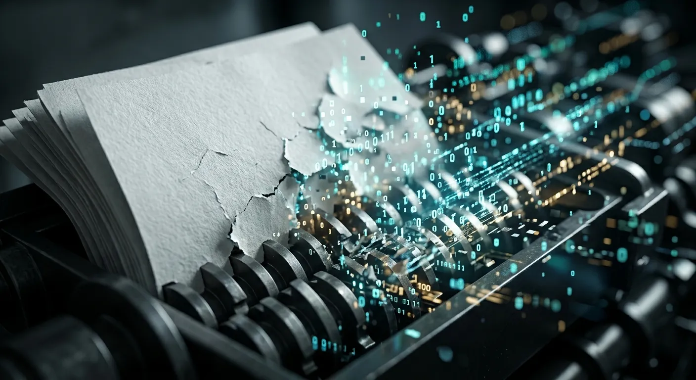 Official legal documents dissolving into glowing digital binary code