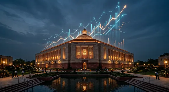 Indian Parliament building overlaid with abstract financial data
