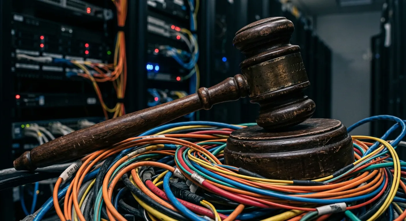 Judge's gavel resting on fiber optic cables representing legal control over the internet