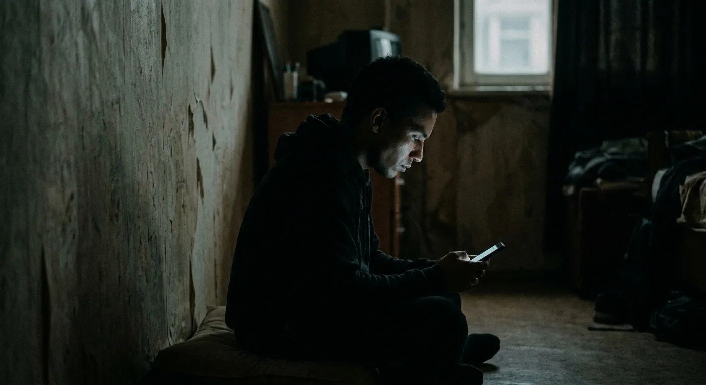 Silhouette of a person looking at a blank phone screen in a dark room