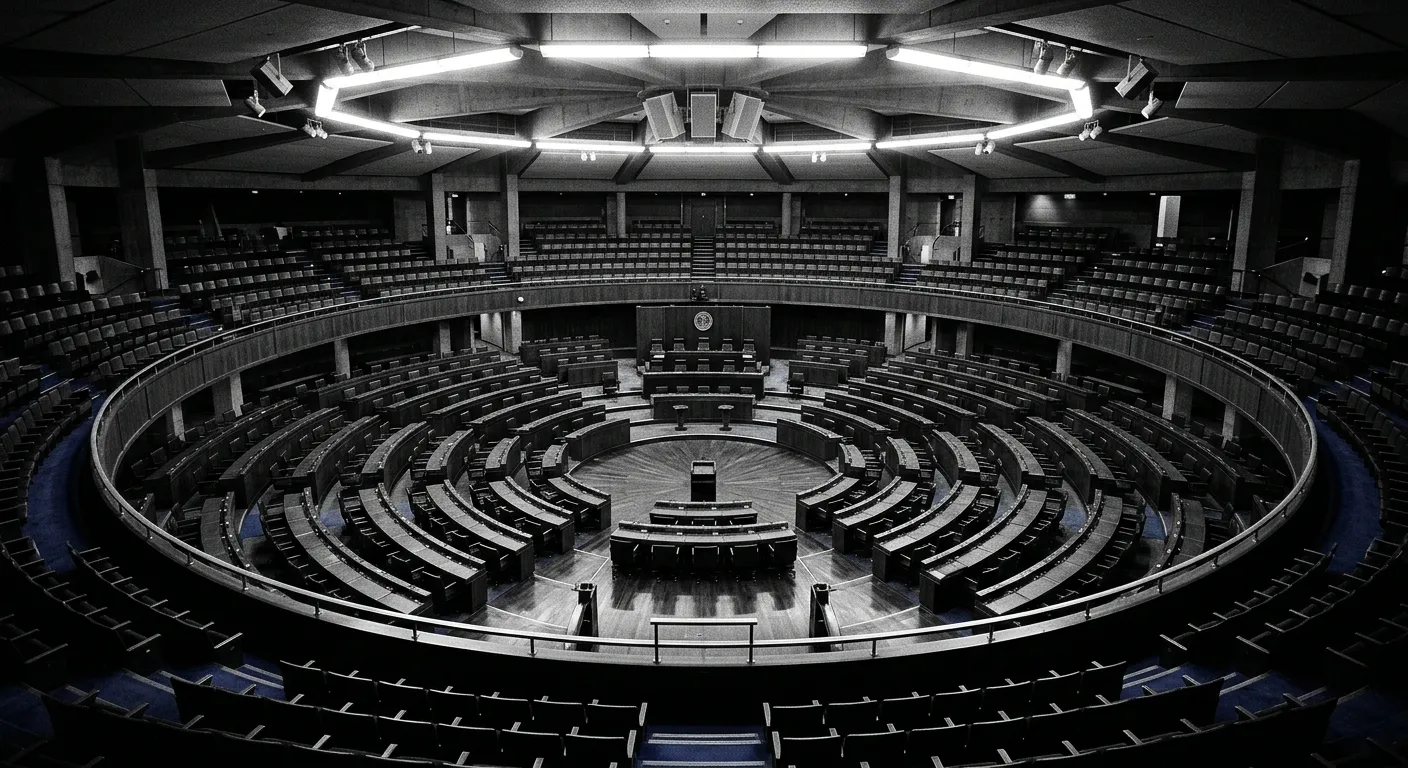 Empty parliamentary chamber representing the legislative collapse of the Delimitation Bill