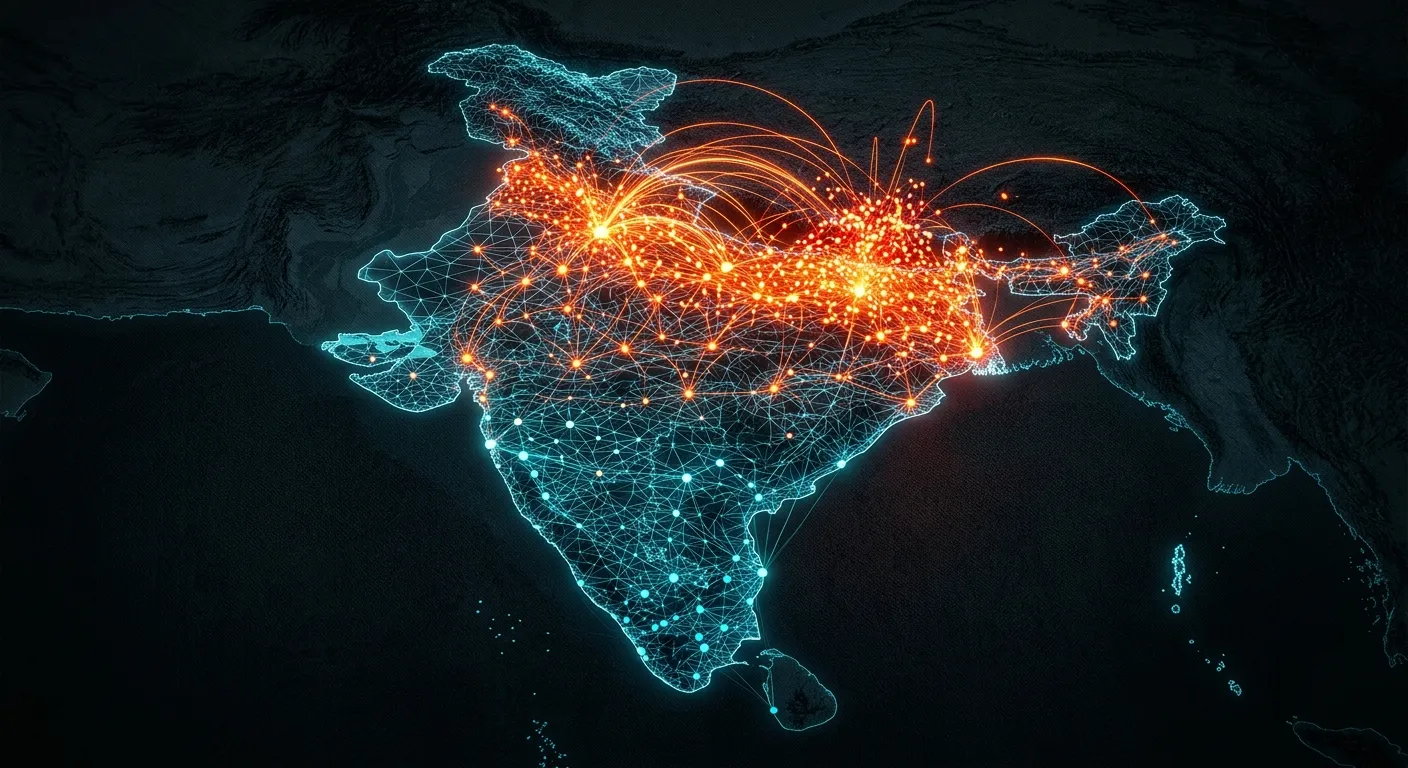 Abstract data visualization showing population density shifting from South to North India
