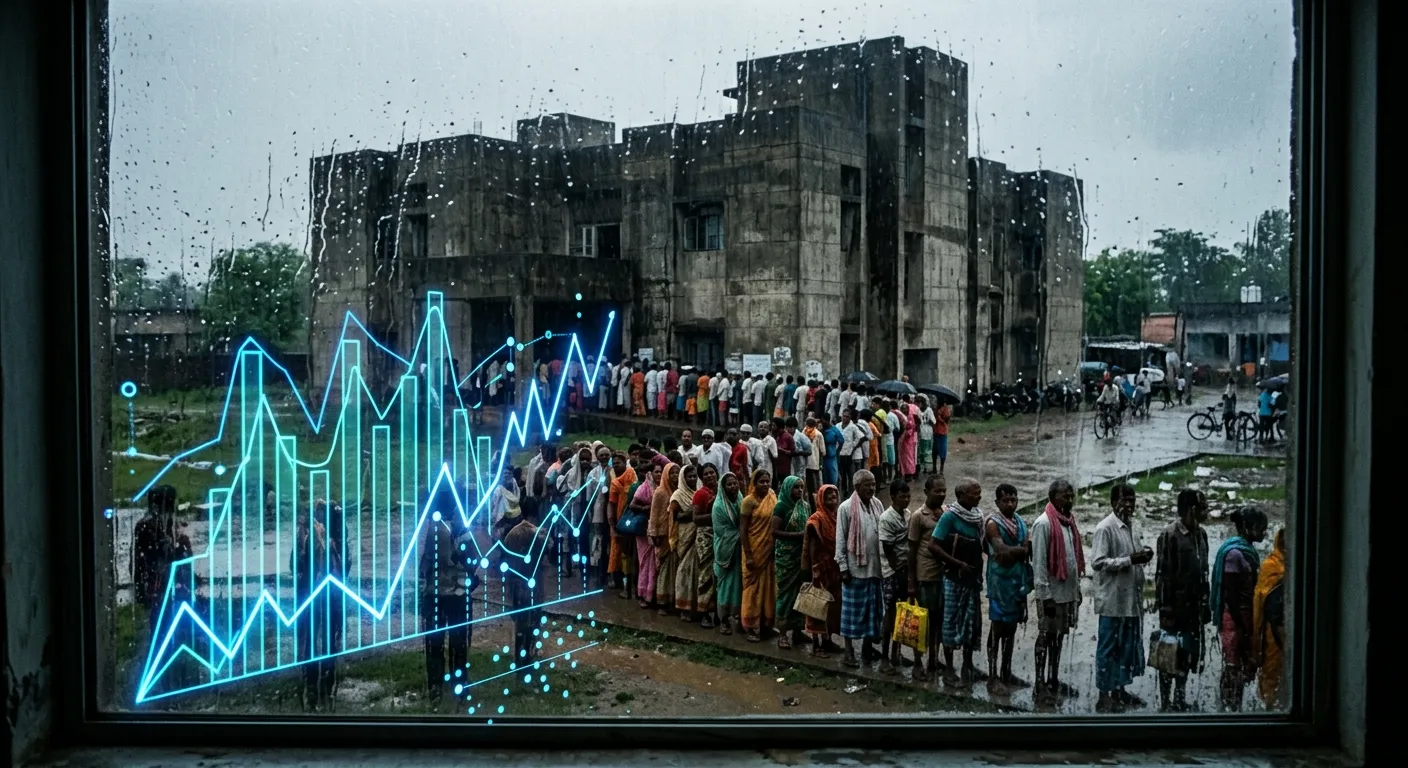 Rural citizens waiting in line overlaid with macroeconomic data graphs