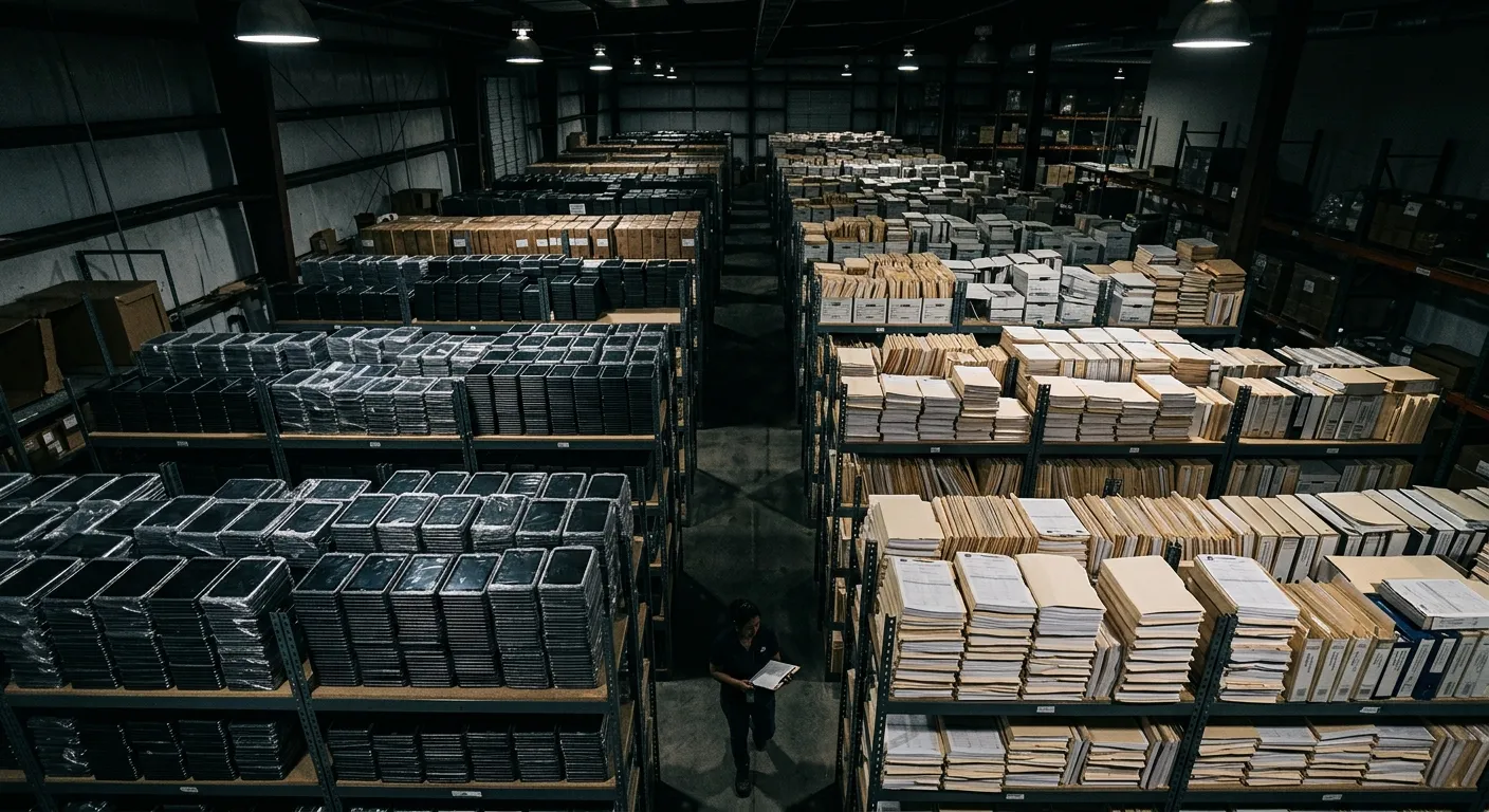 Stacks of digital tablets and census materials in a government warehouse
