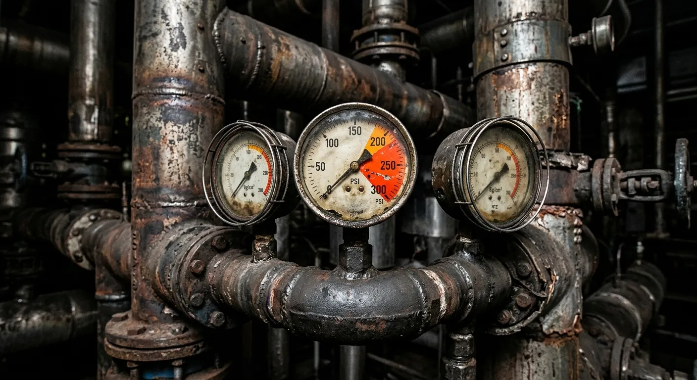 Close-up of industrial pressure gauges and heavy steel pipes showing signs of stress.