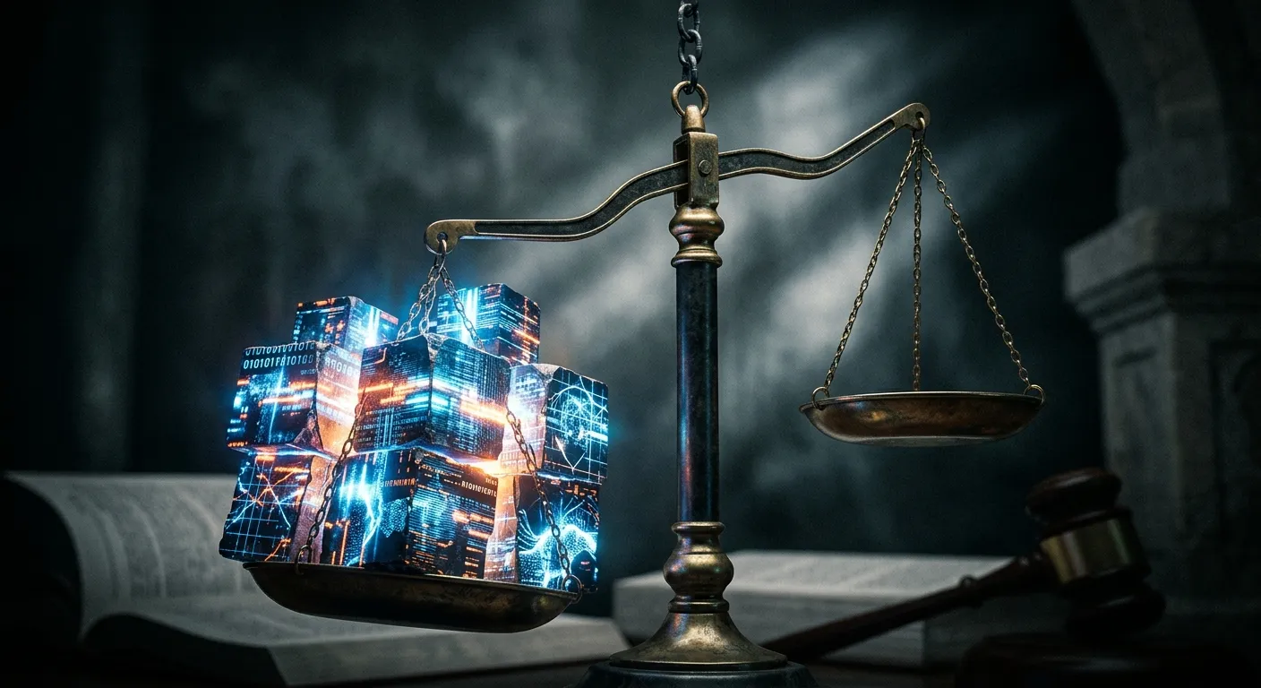 Scales of justice weighed down by digital data blocks