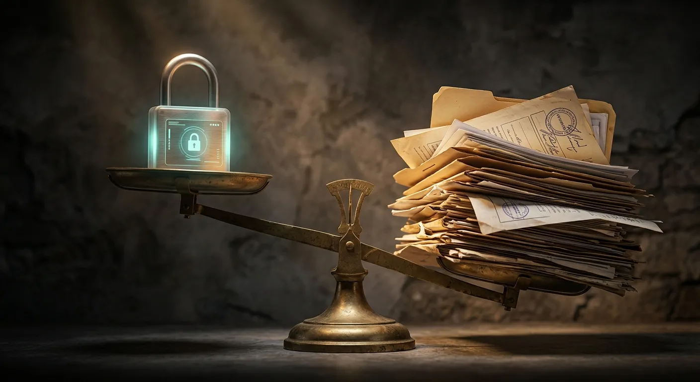 Balancing scale weighing a digital padlock against bureaucratic folders