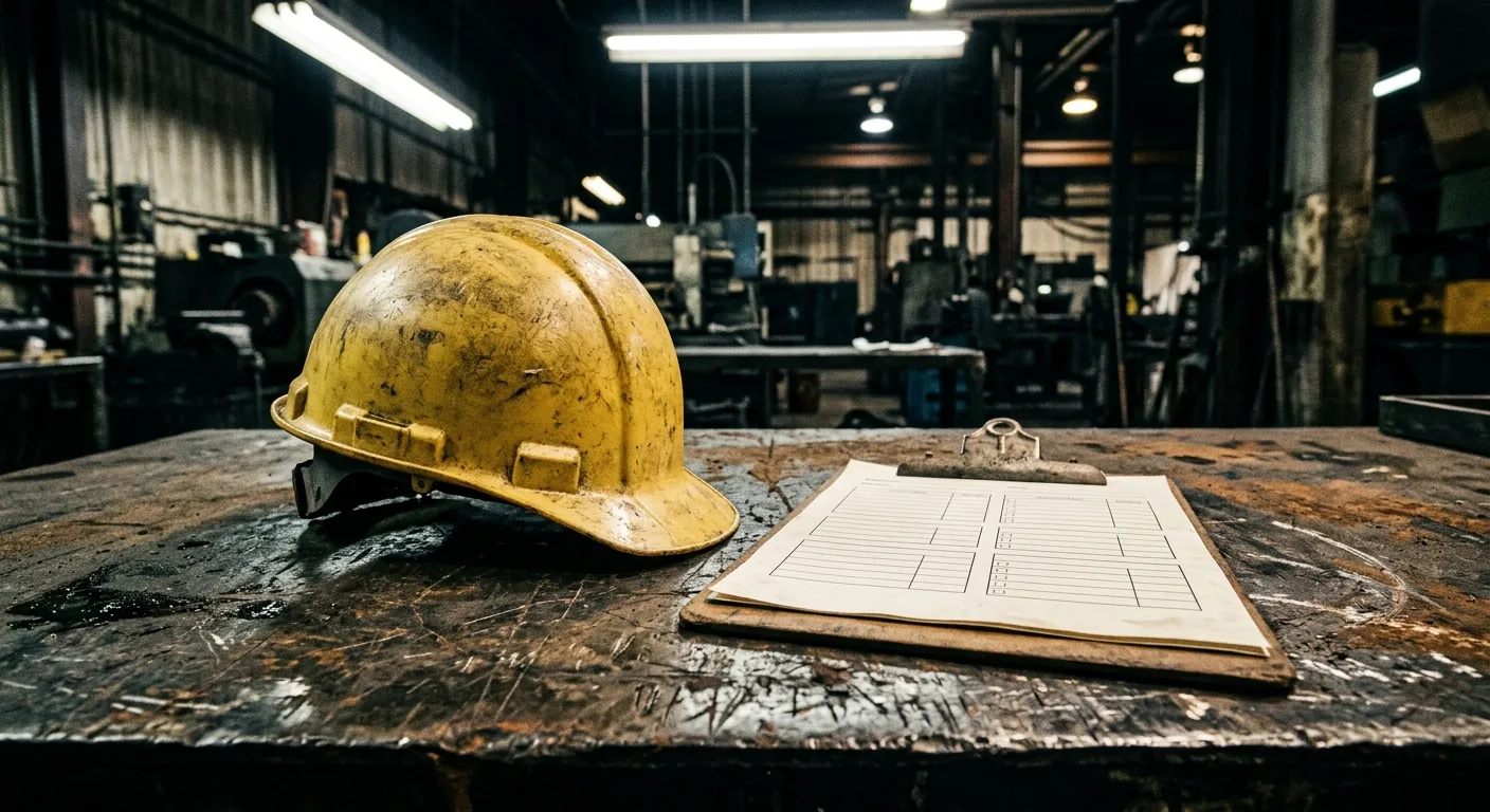 A dusty industrial hard hat next to a blank safety inspection clipboard.
