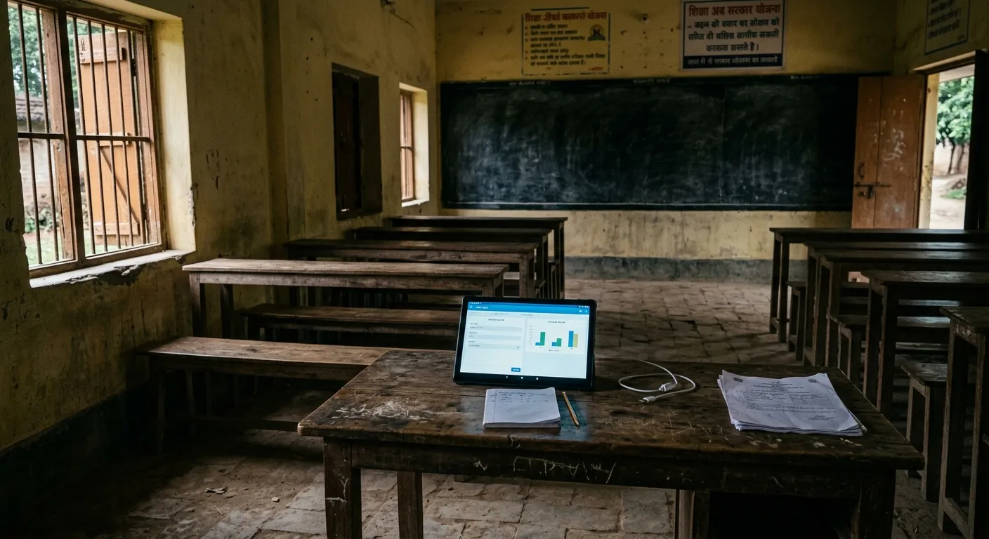 An empty rural Indian classroom with a digital tablet on a desk
