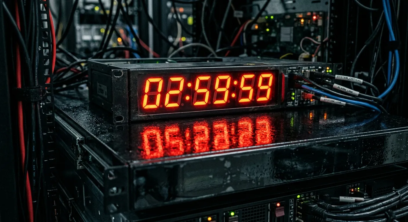 Digital clock reflecting off a server rack indicating a countdown