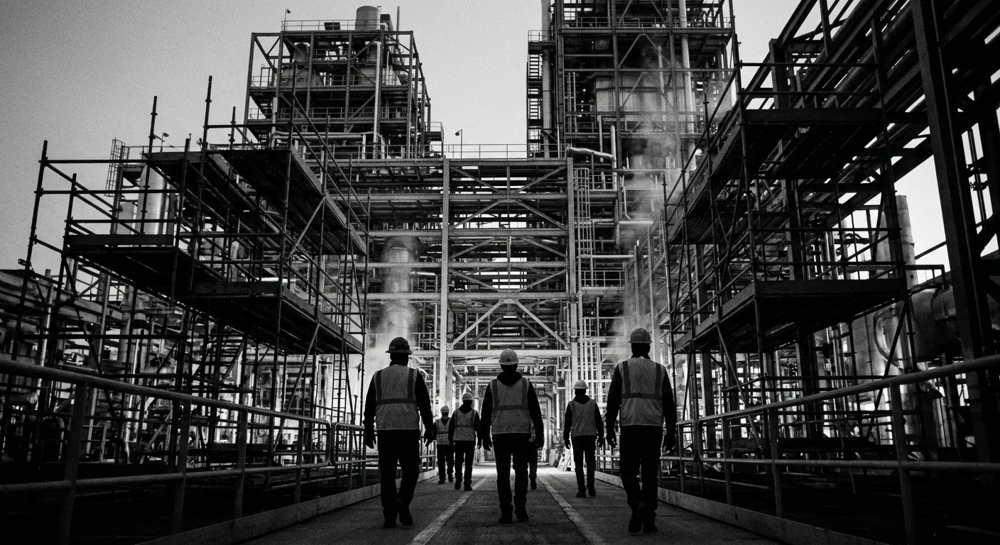 Silhouettes of contract workers walking toward massive industrial boiler machinery.