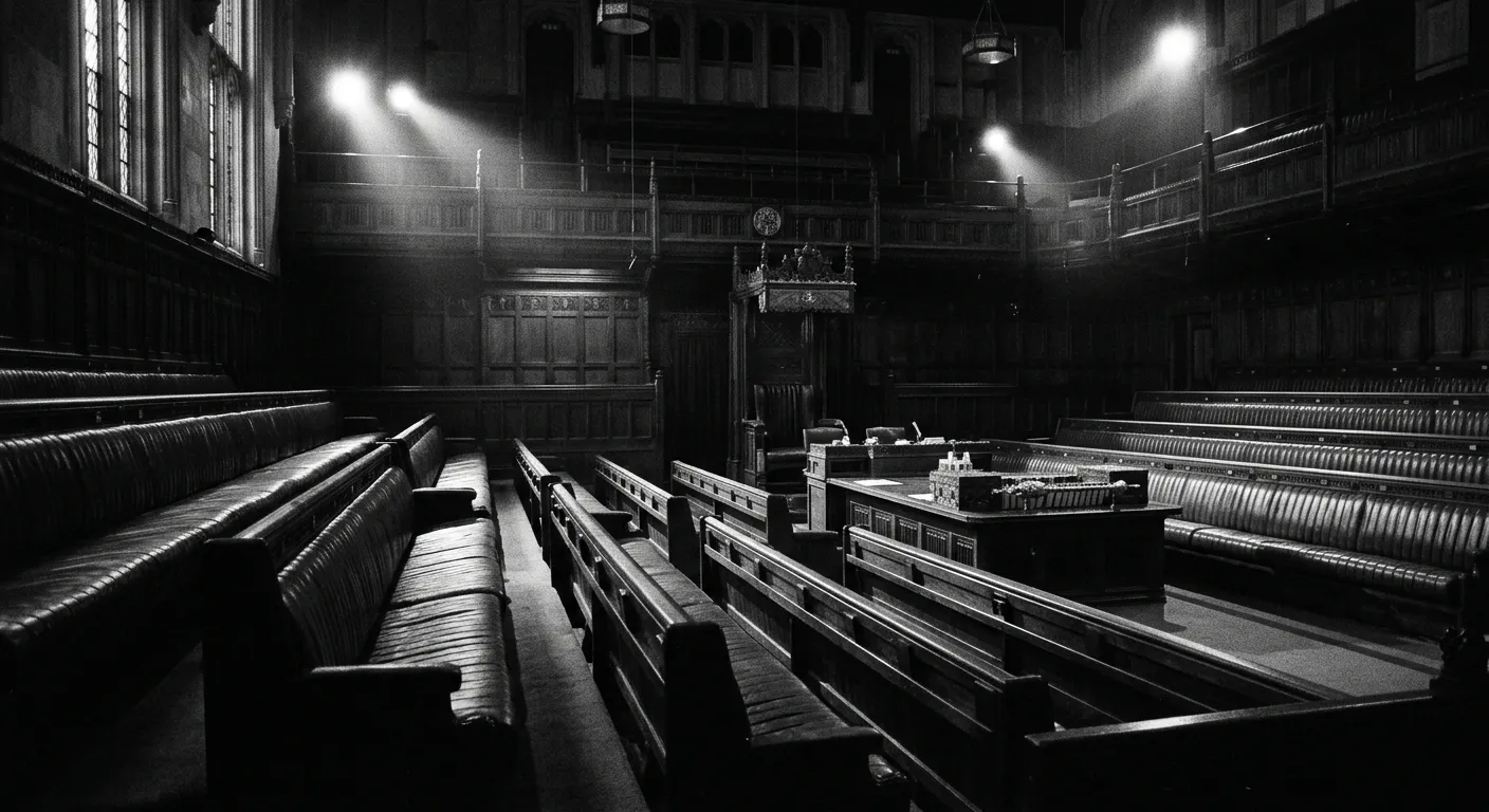 Empty parliamentary benches in dramatic lighting