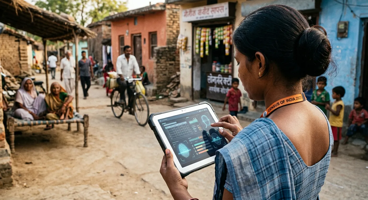 Census enumerator using a digital tablet in a rural setting