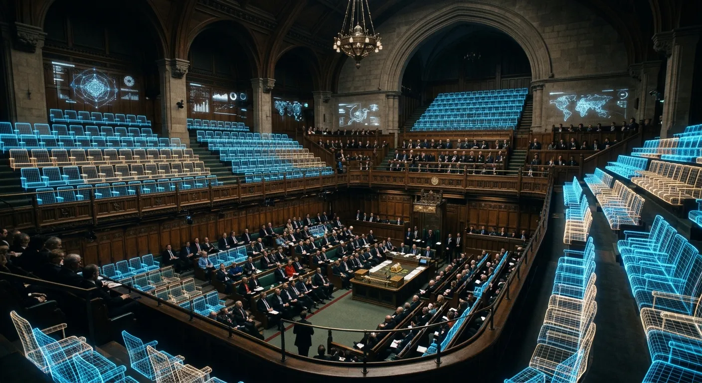 Conceptual image of an expanding parliamentary chamber with glowing wireframe seats