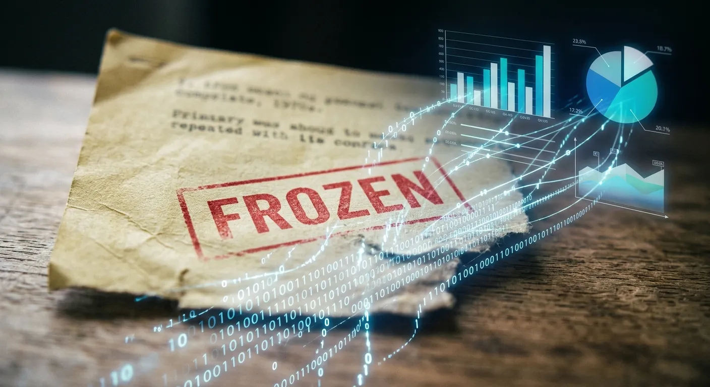 Vintage document transitioning into digital data streams representing the unfreezing of delimitation