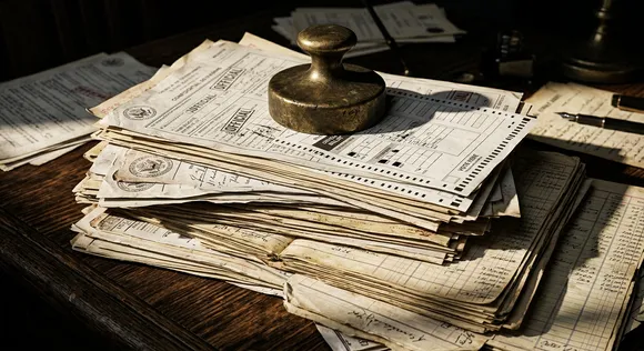 Macro shot of stacked census documents and financial ledgers under harsh lighting