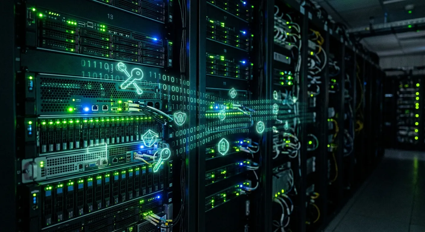 Server racks with glowing cryptographic keys representing digital identity tokens