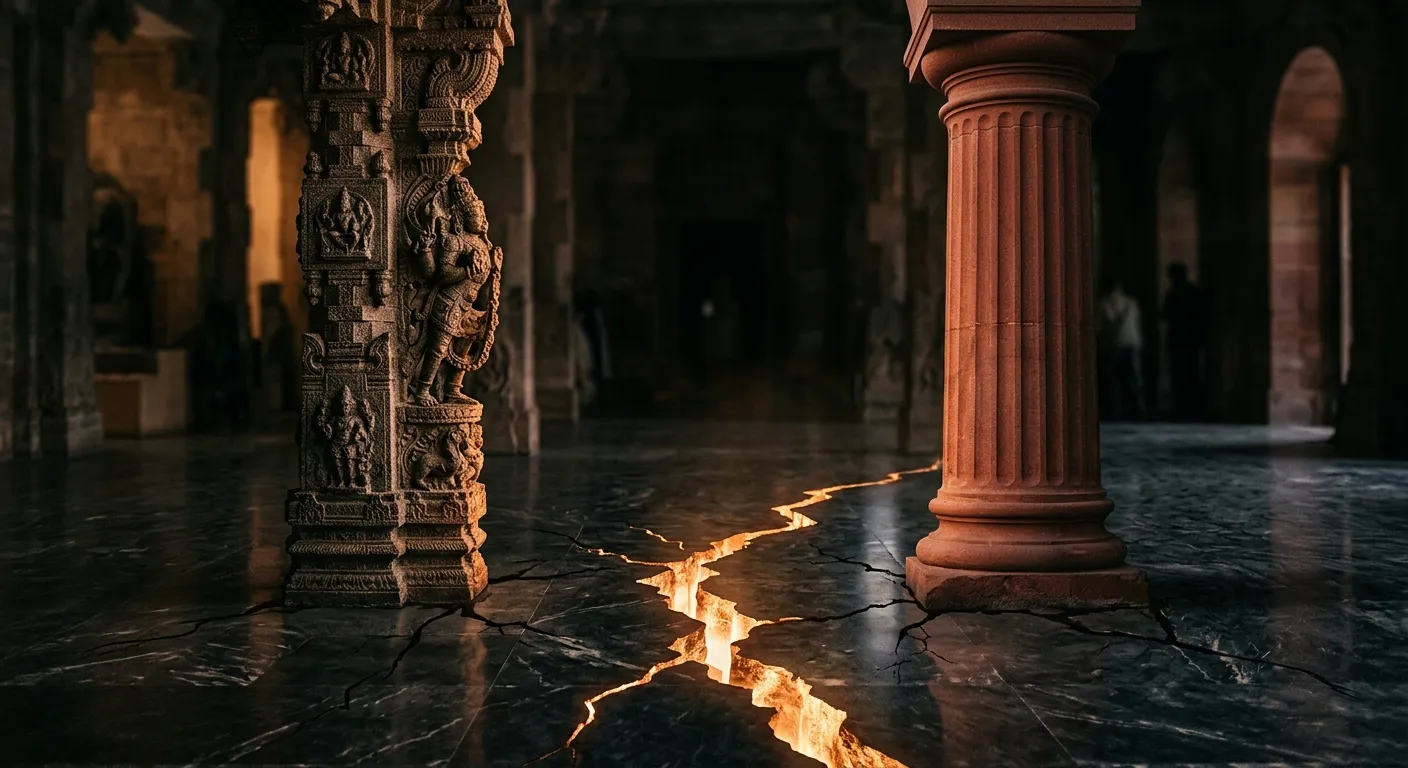 Contrasting architectural pillars separated by a glowing fault line on the floor