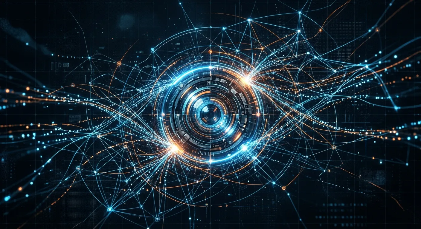 Abstract digital network map with a central eye motif representing metadata surveillance