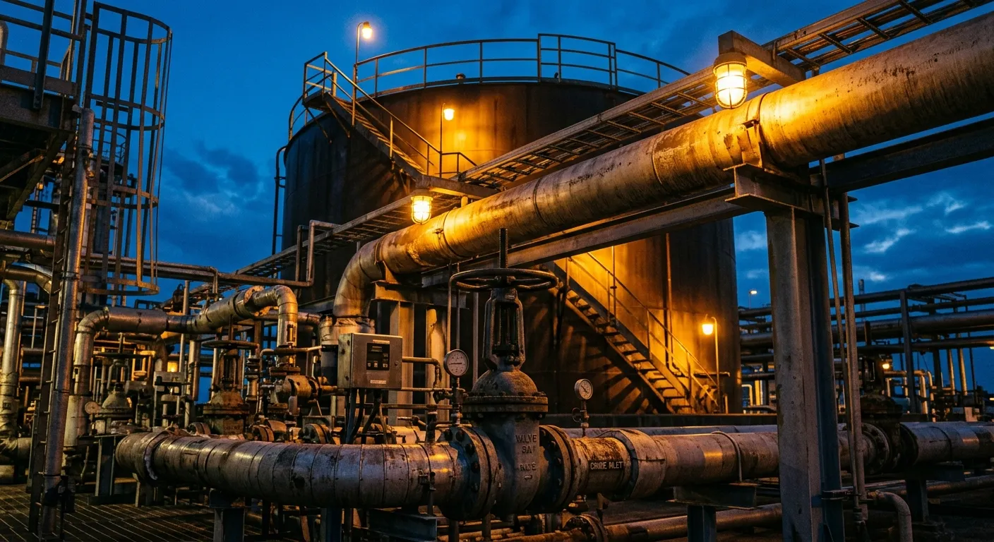 Industrial oil refinery pipes and valves at dusk