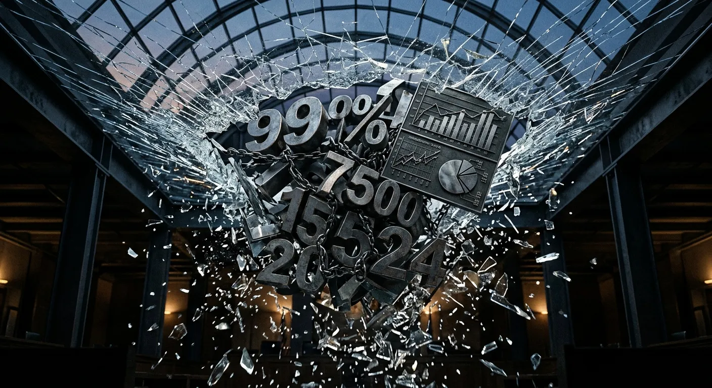 A glass ceiling cracking under the weight of heavy metallic numbers, representing the 50 percent quota cap.
