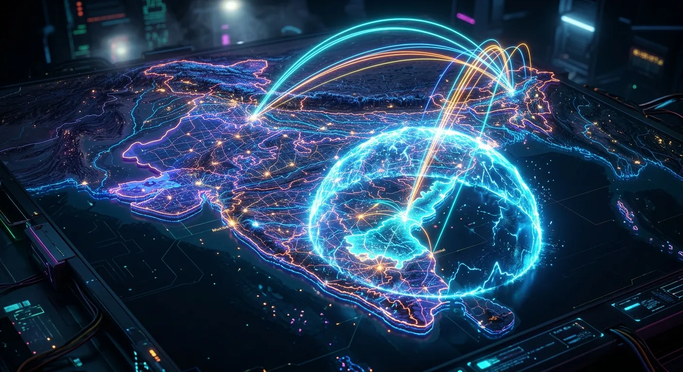 Glowing map showing data lines bypassing a digital geographic barrier