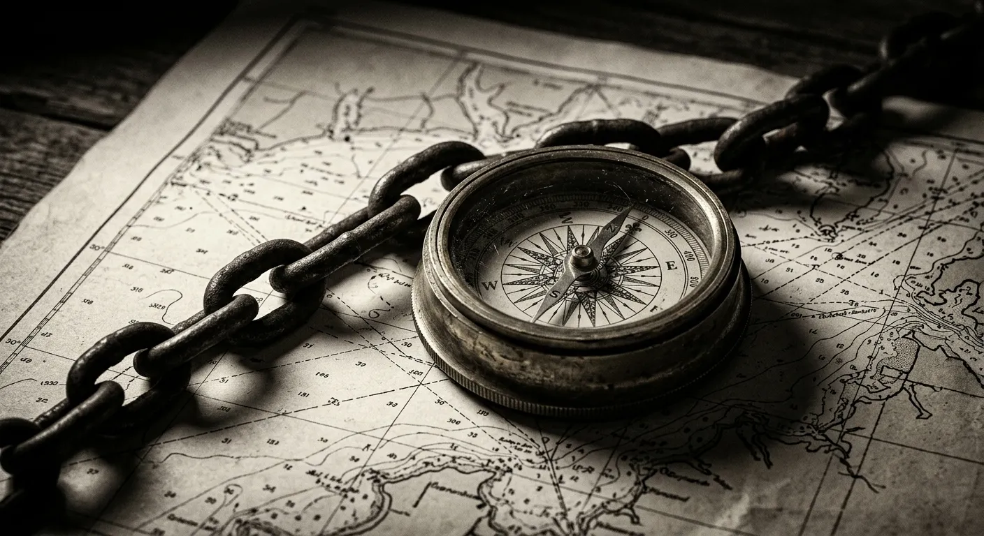 Nautical chart with a brass compass and steel chain