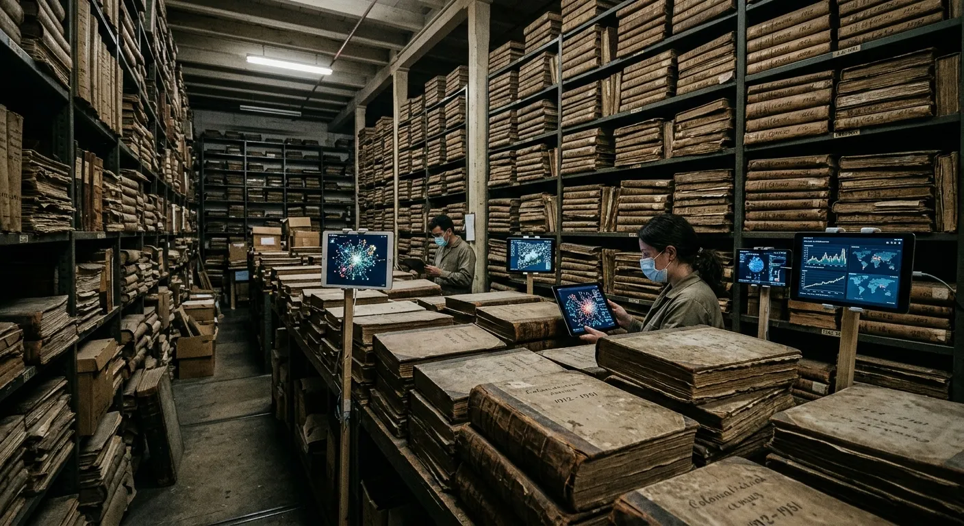 Stacks of archival census ledgers next to glowing digital tablets in a bureaucratic archive.
