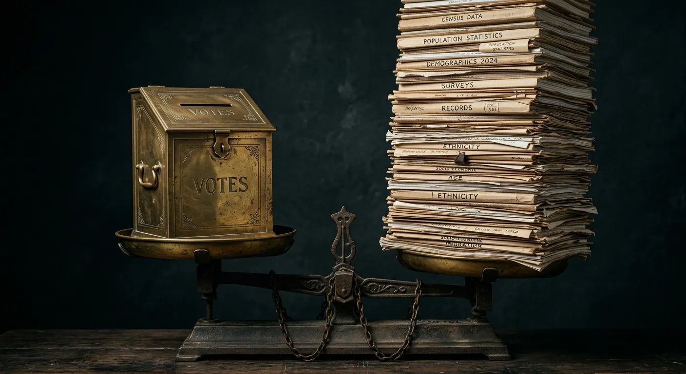A balancing scale showing census data outweighing a ballot box