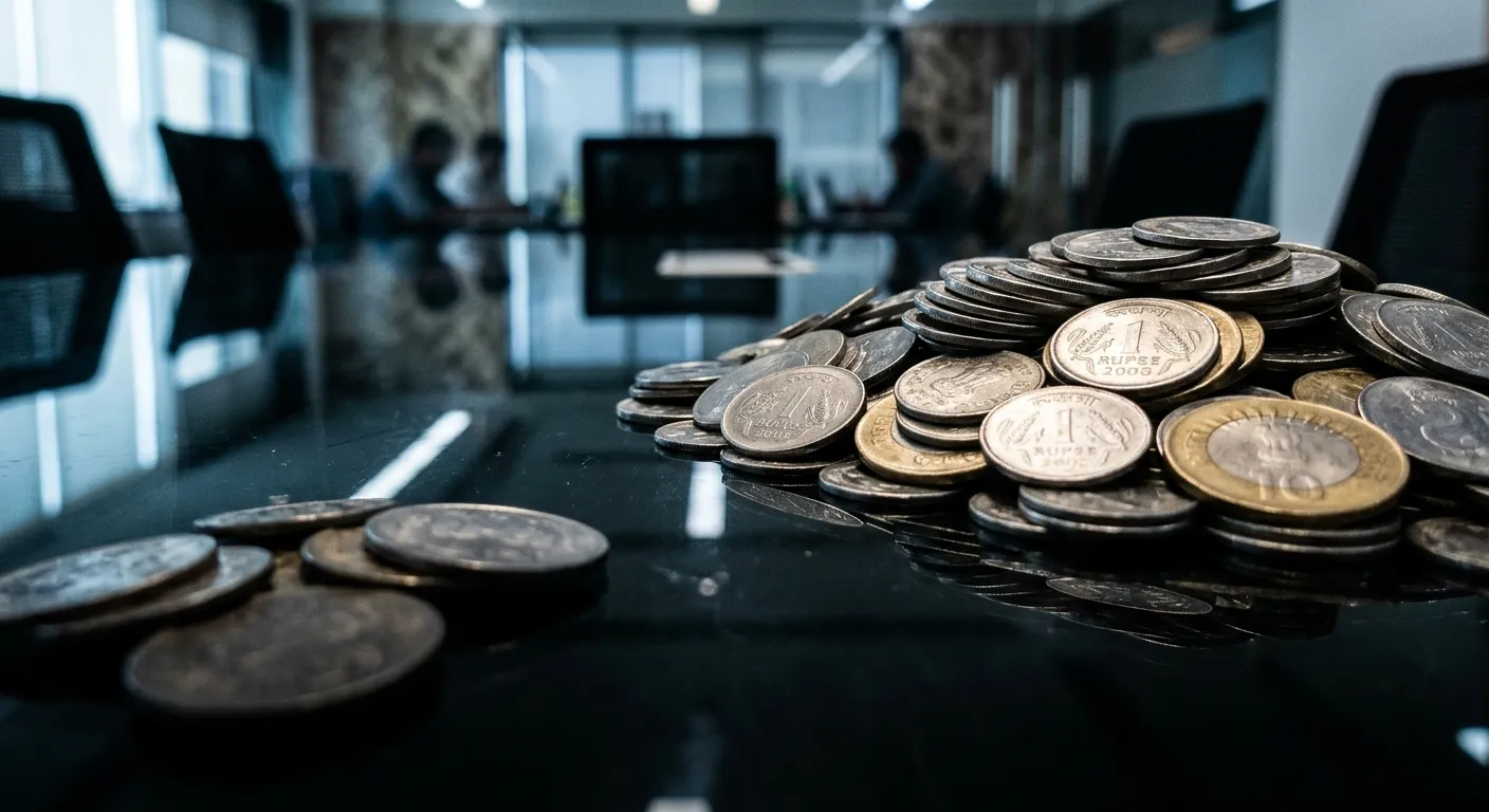 Unequal division of Indian rupee coins on a glass table