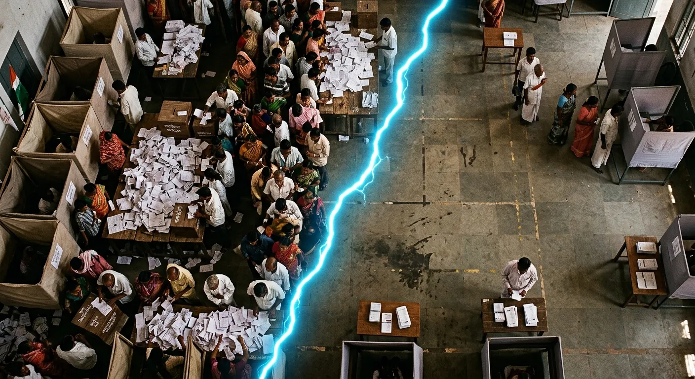 Top-down view of voting booths divided by an asymmetrical line representing demographic imbalance.