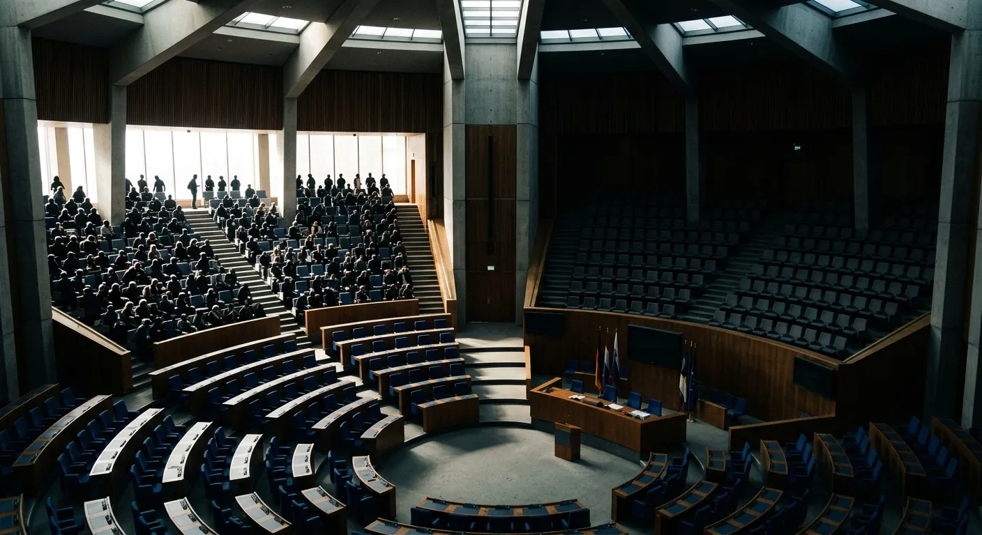 Architectural shot of parliamentary seating with contrasting lighting