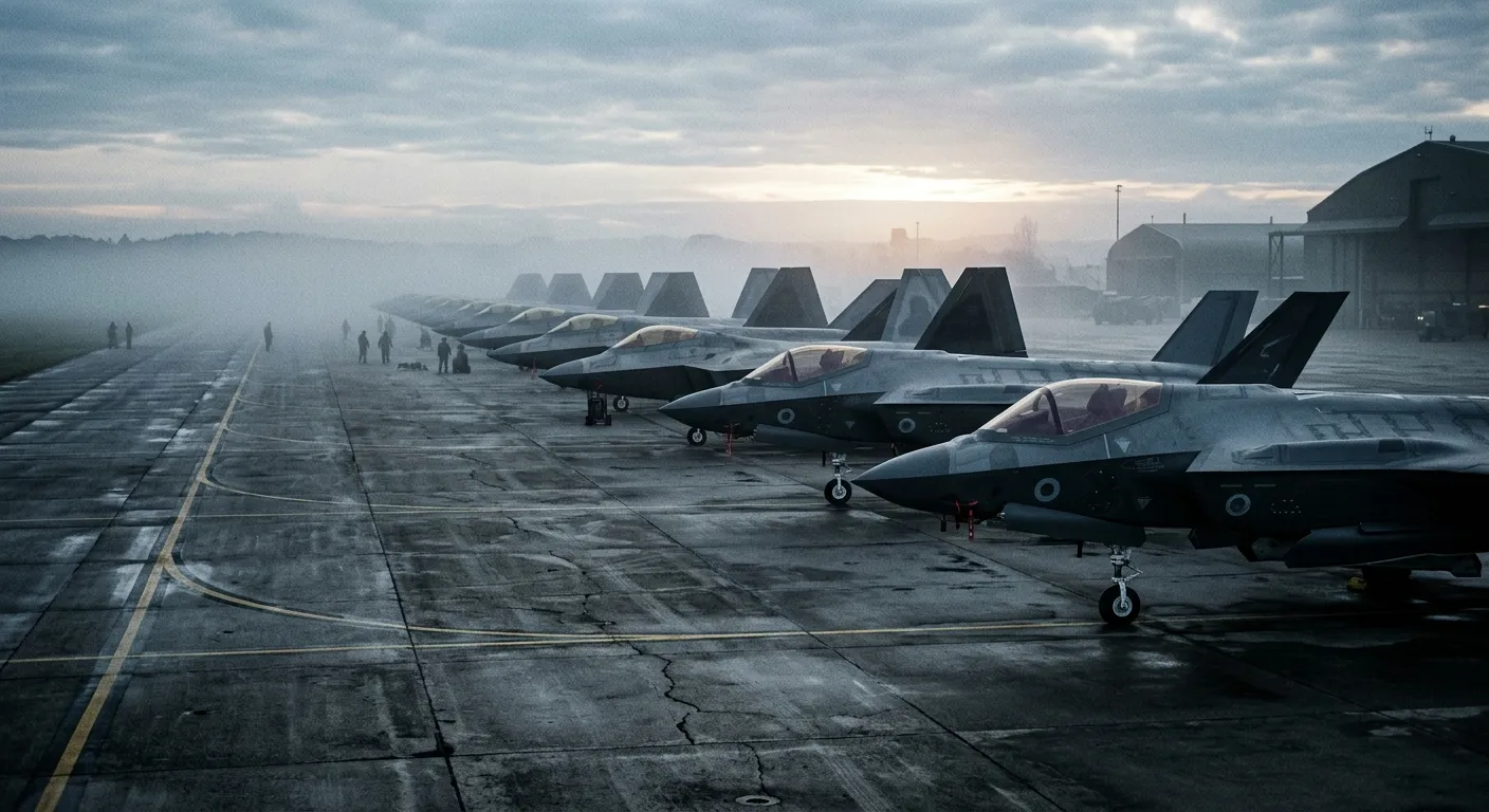 Modern fighter jets parked on a military tarmac at dawn