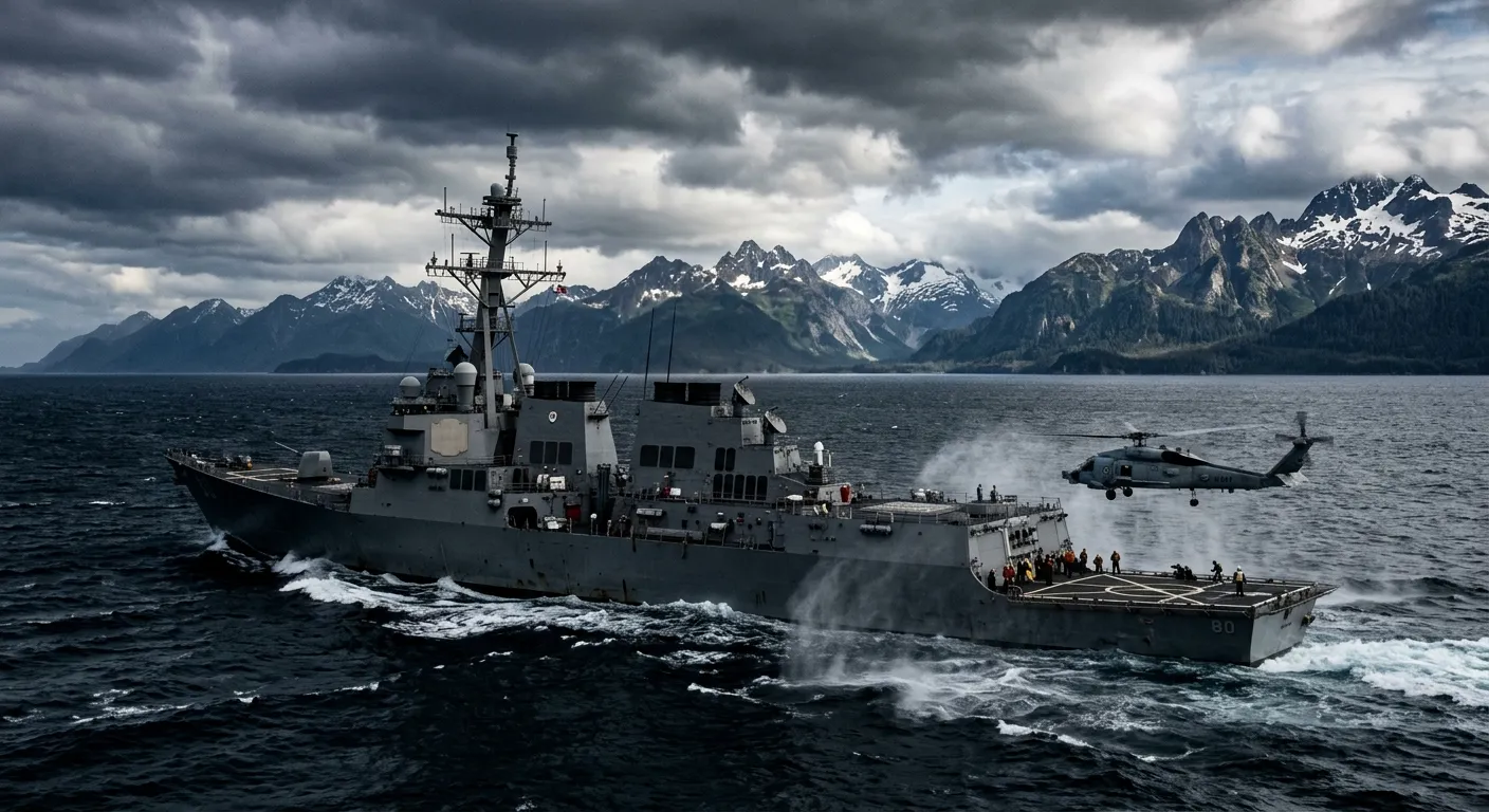 Naval destroyer and military helicopter operating in a joint domain environment