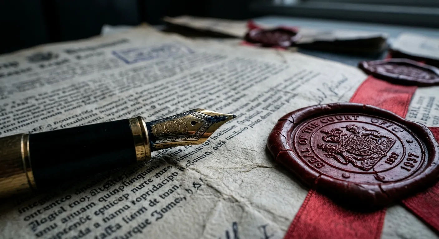 Close up of a fountain pen and legal document with red wax seals