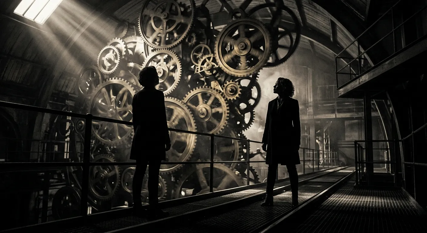 Silhouette of a female leader facing complex rotating gears, symbolizing unpredictable constituency rotation.