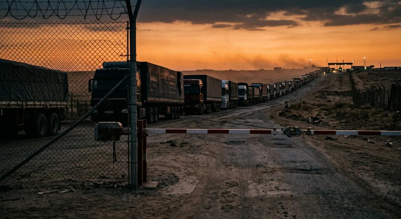 Stagnant line of commercial cargo trucks at a border crossing at dusk
