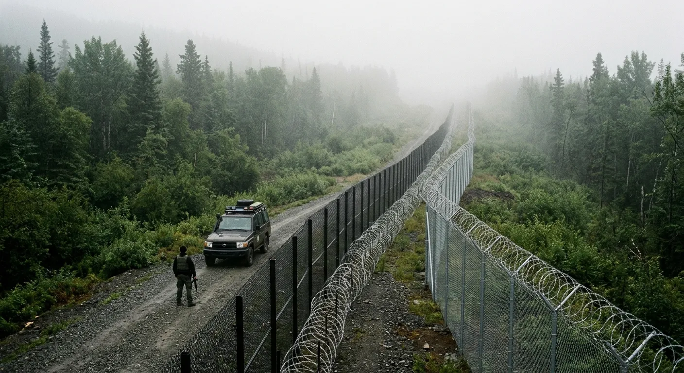 High-angle view of a fortified border fence in a misty landscape