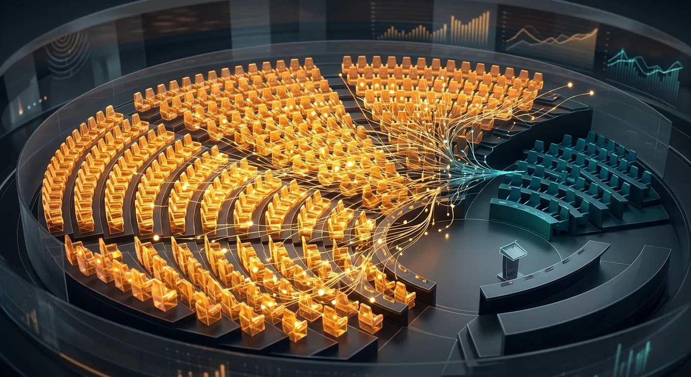 Abstract 3D visualization of parliamentary seats expanding disproportionately
